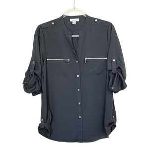 Calvin Klein Tab-Sleeve Zip-Pocket Utility‎ Blouse Gray Size S